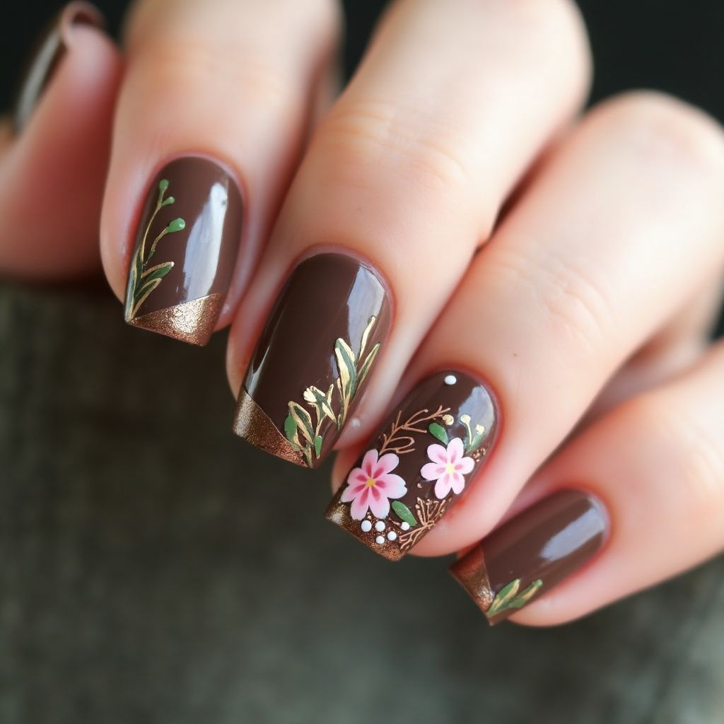 Chocolate Brown Spring Nail Design