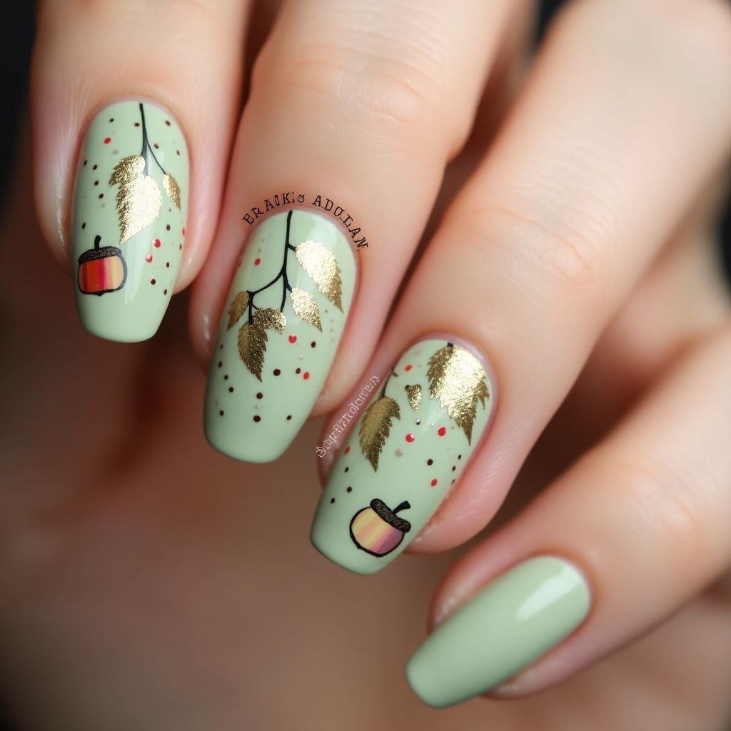 Pastel Green Autumn Nail Design