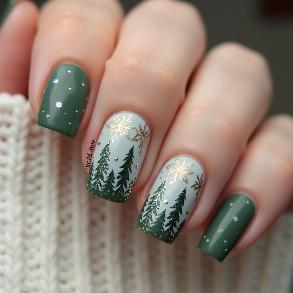 Olive Green Winter Nail Design