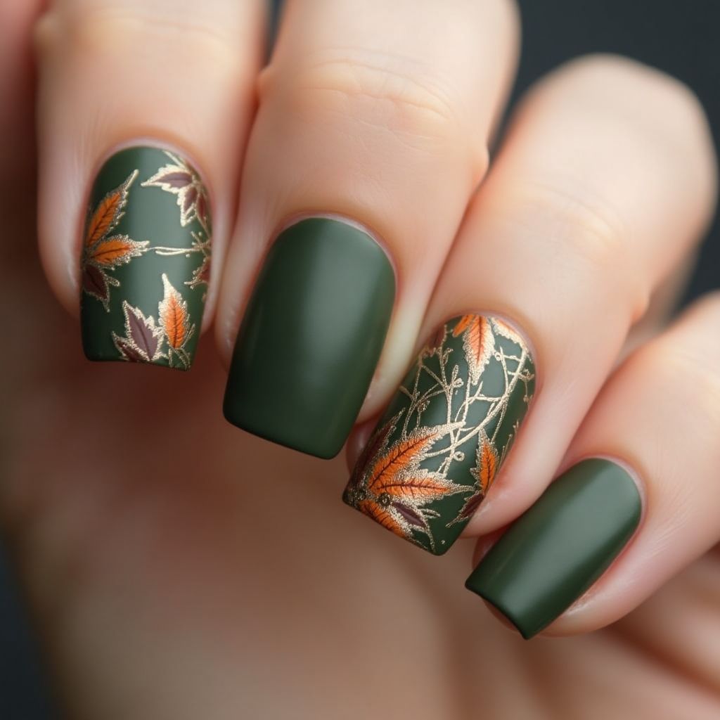Olive Green Autumn Nail Design