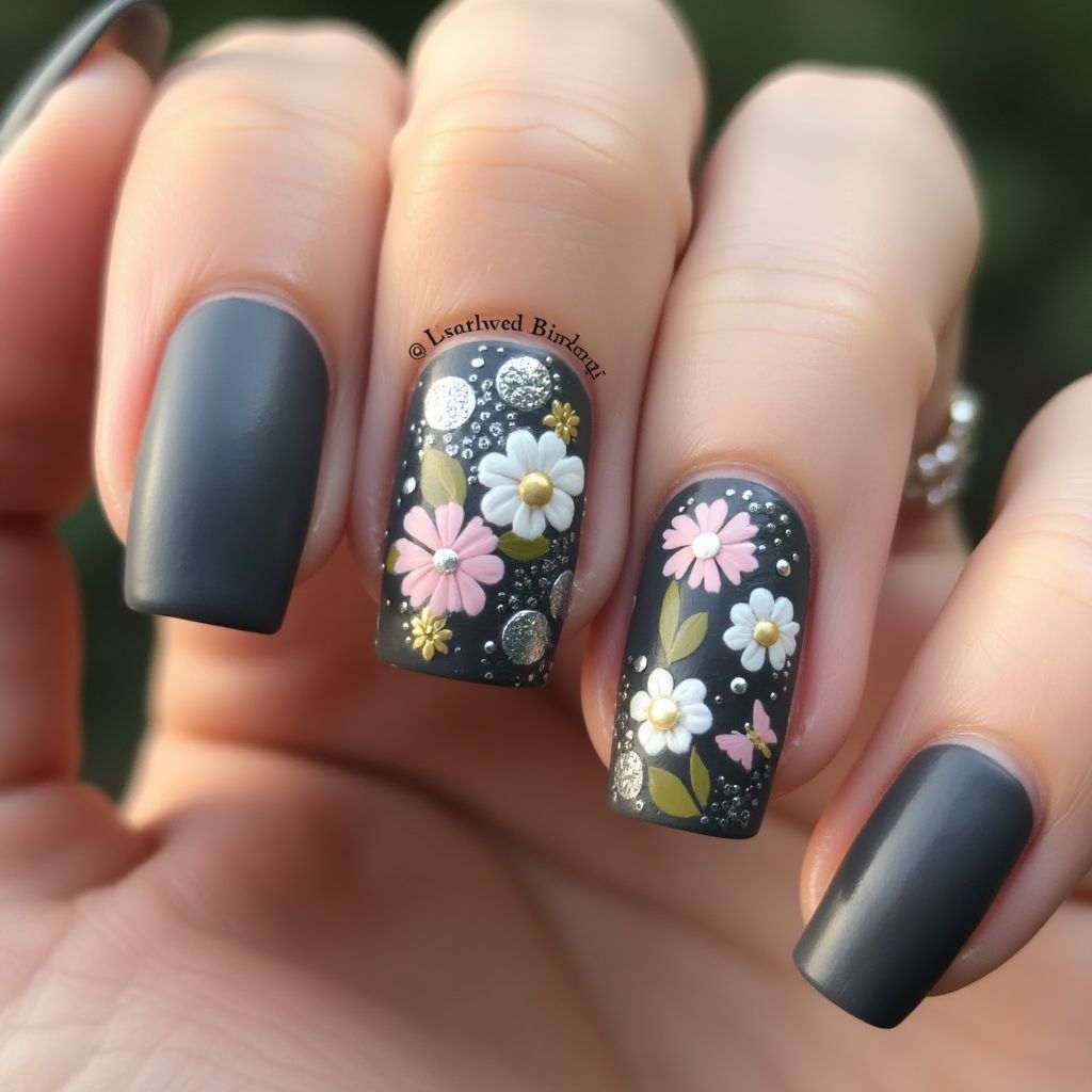 Charcoal Gray Spring Nail Design