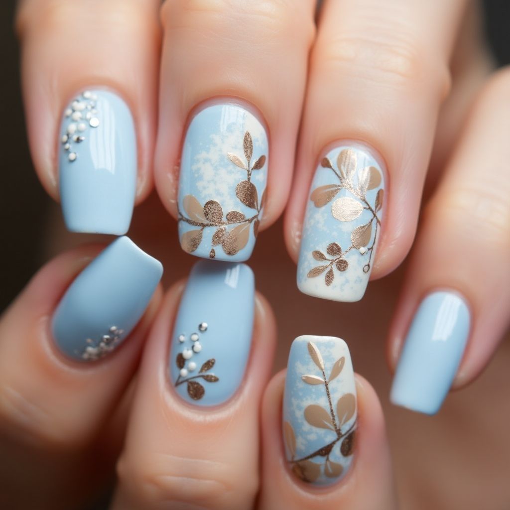 Pastel Blue Autumn Nail Design