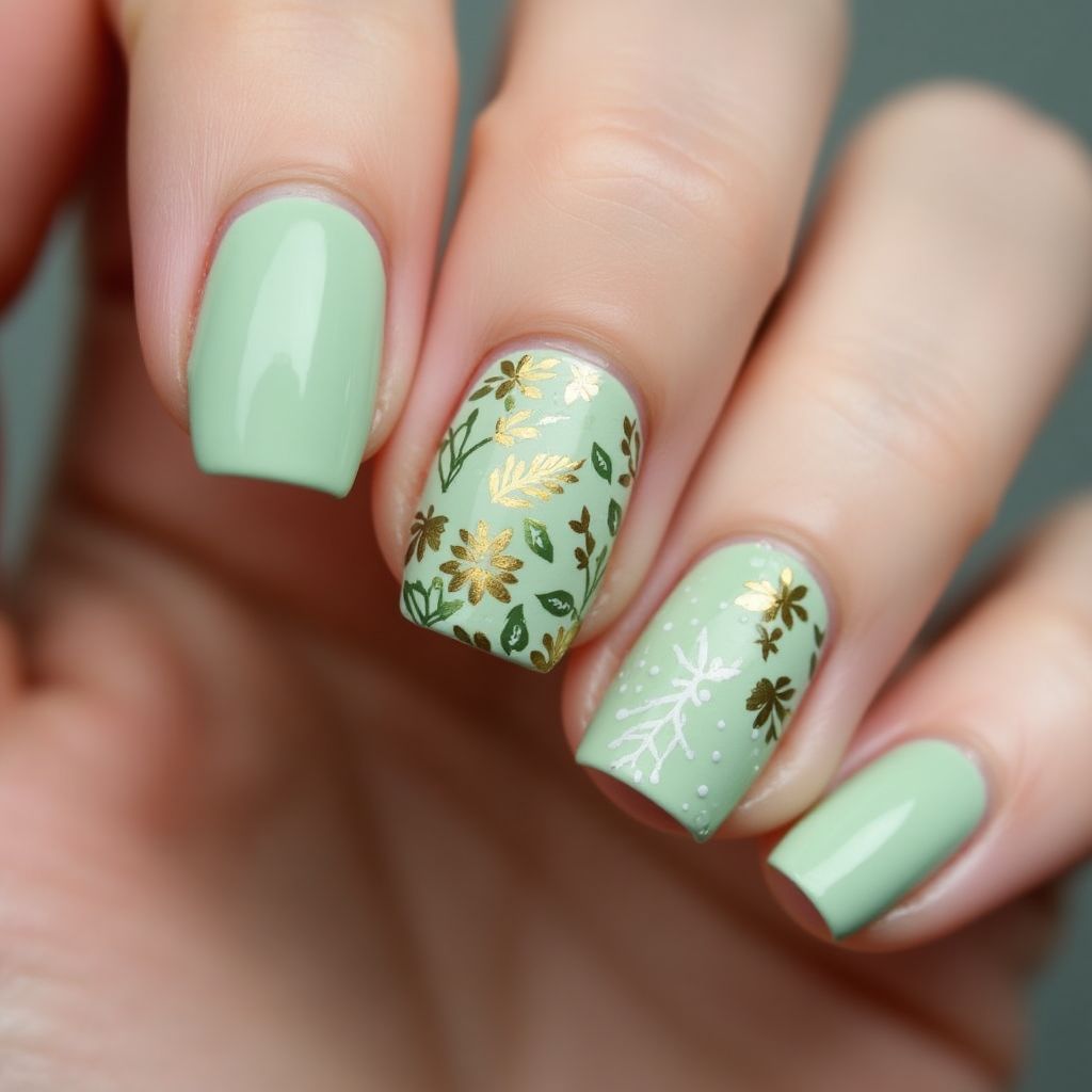 Pastel Green Autumn Nail Design