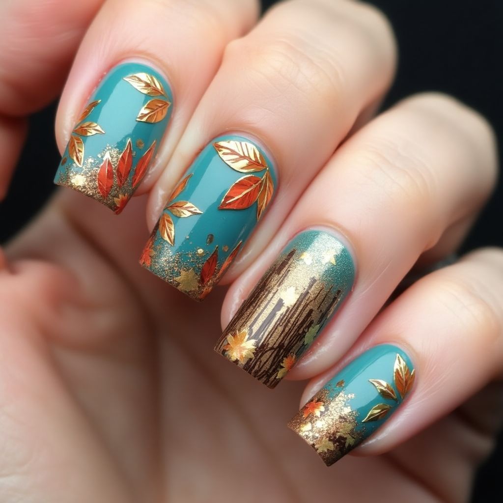 Turquoise Autumn Nail Design