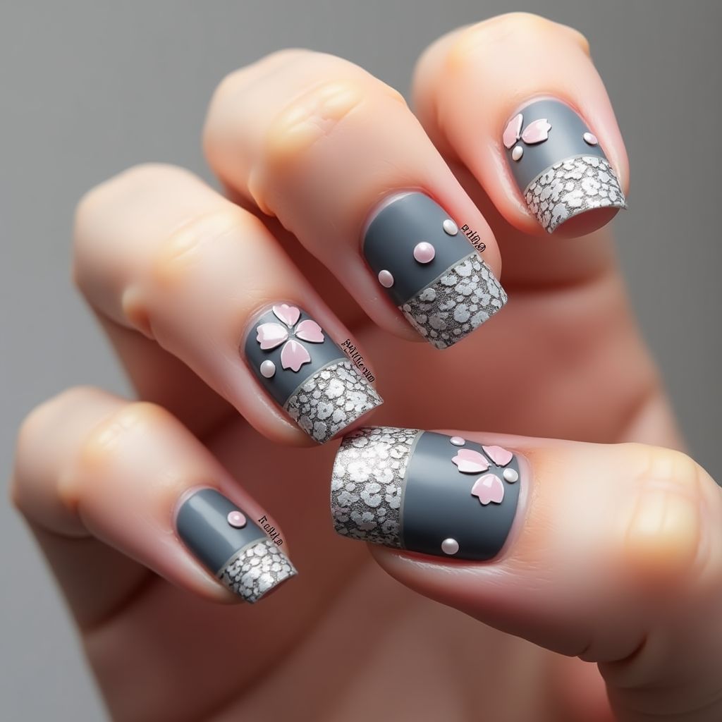 Charcoal Gray Spring Nail Design