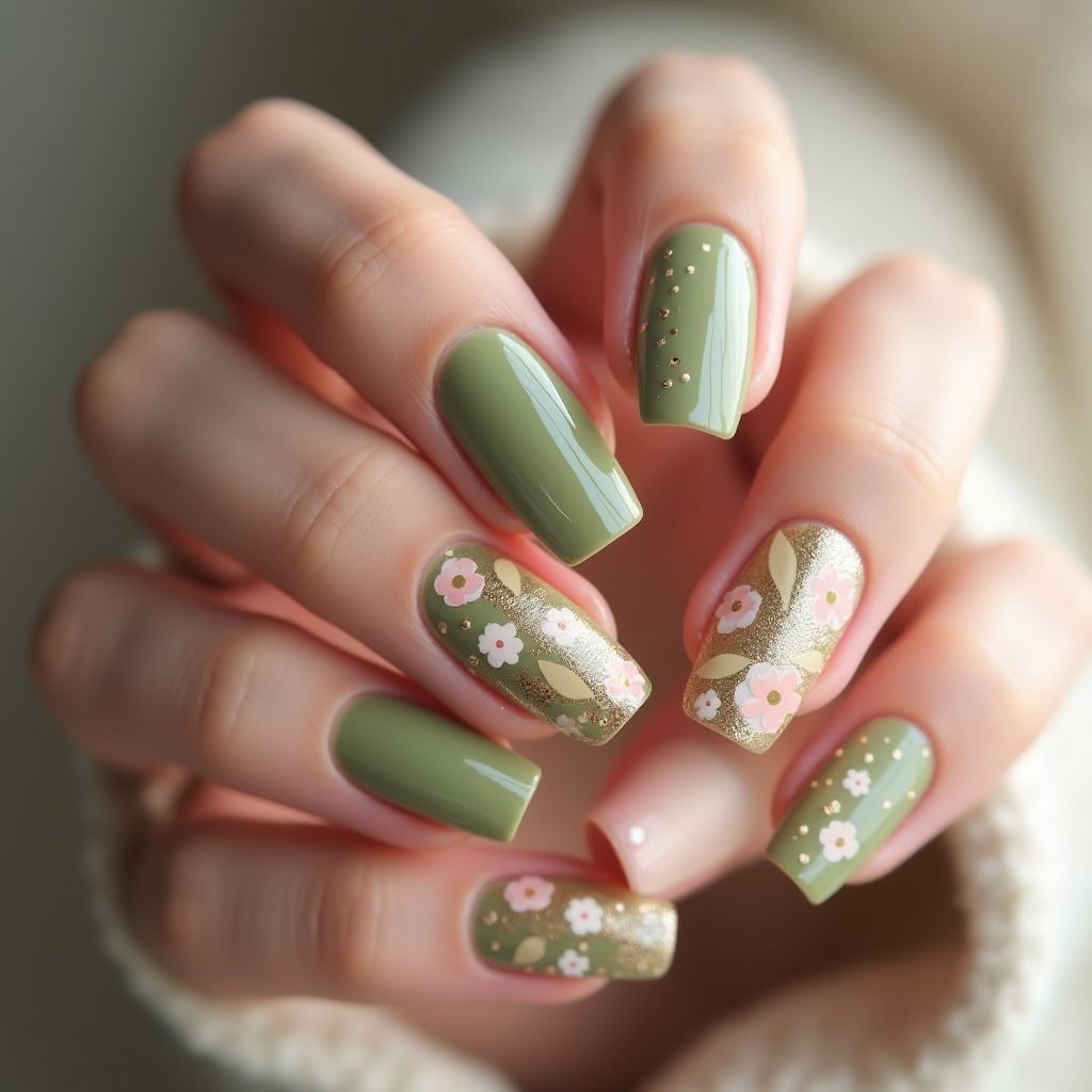 Olive Green Spring Nail Design