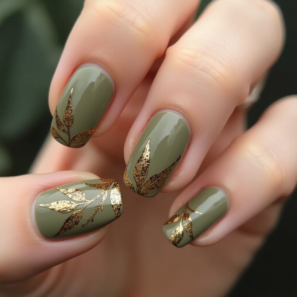 Olive Green Autumn Nail Design
