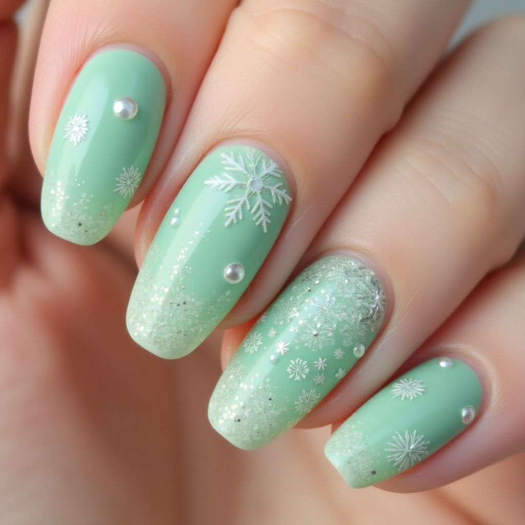 Pastel Green Winter Nail Design