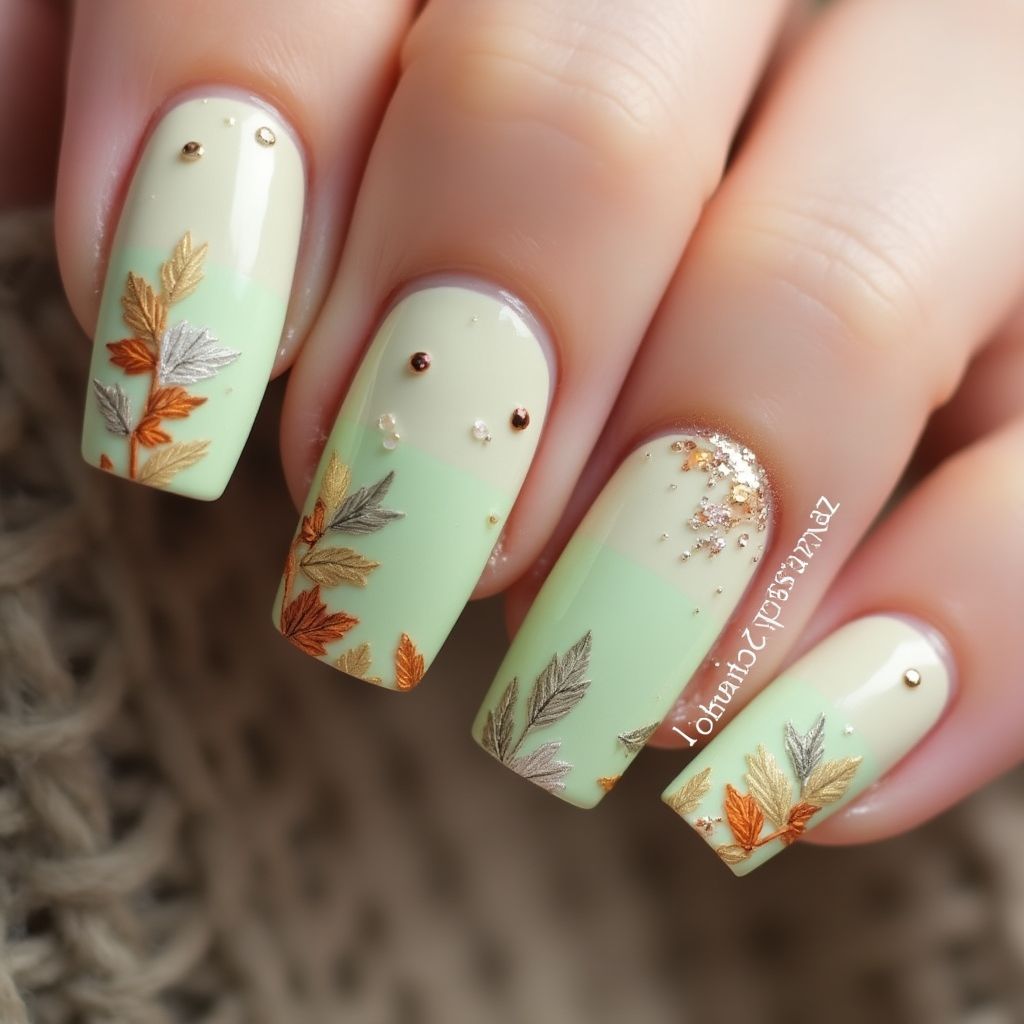 Pastel Green Autumn Nail Design