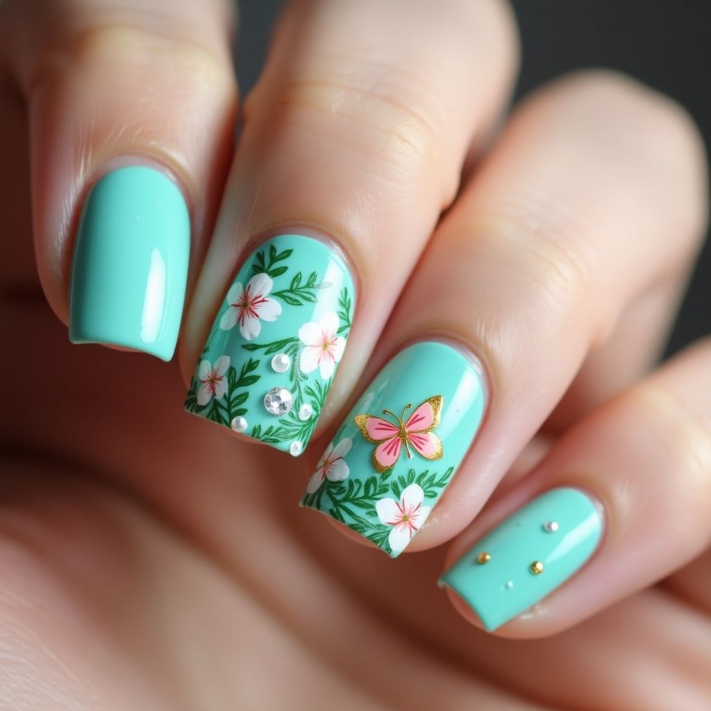 Turquoise Spring Nail Design