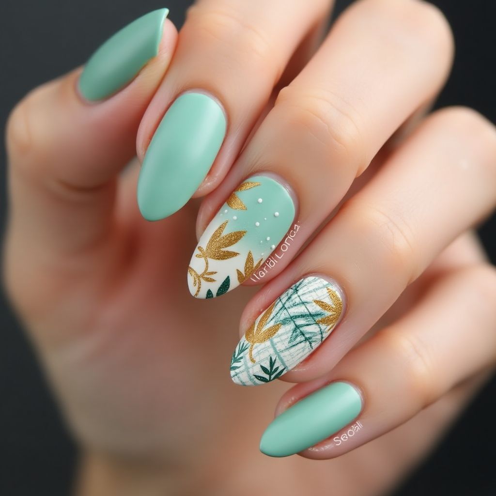 Mint Green Autumn Nail Design