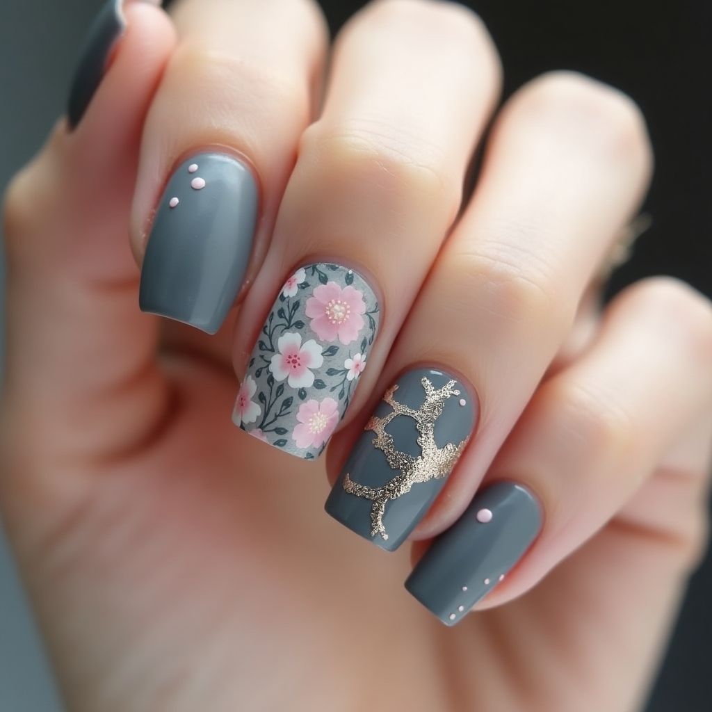 Charcoal Gray Spring Nail Design