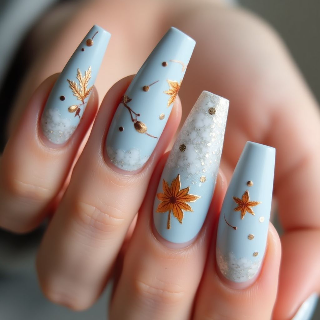 Pastel Blue Autumn Nail Design