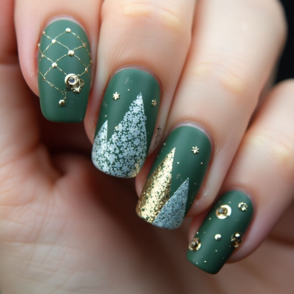 Olive Green Winter Nail Design