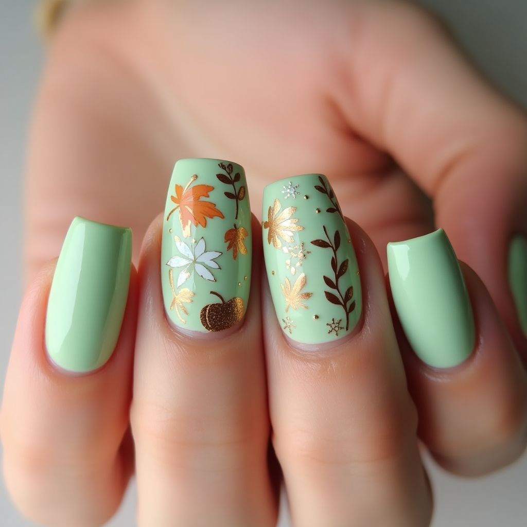 Pastel Green Autumn Nail Design
