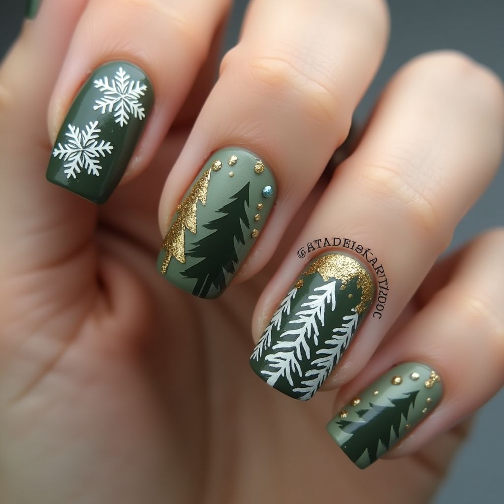 Olive Green Winter Nail Design