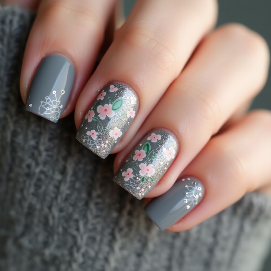 Charcoal Gray Spring Nail Design