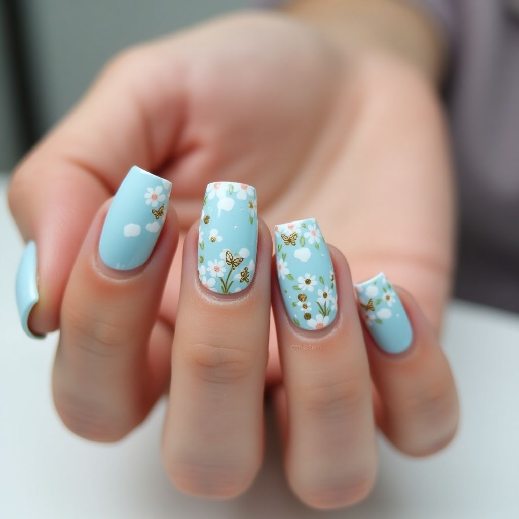 Pastel Blue Spring Nail Design