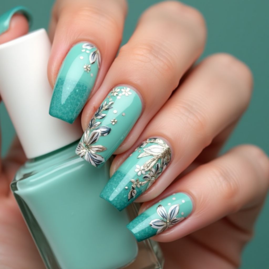 Teal Spring Nail Design