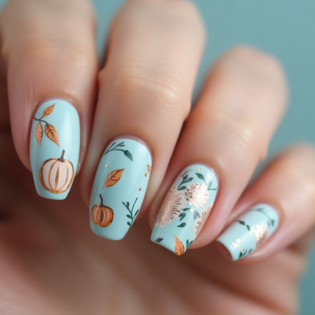 Pastel Blue Autumn Nail Design
