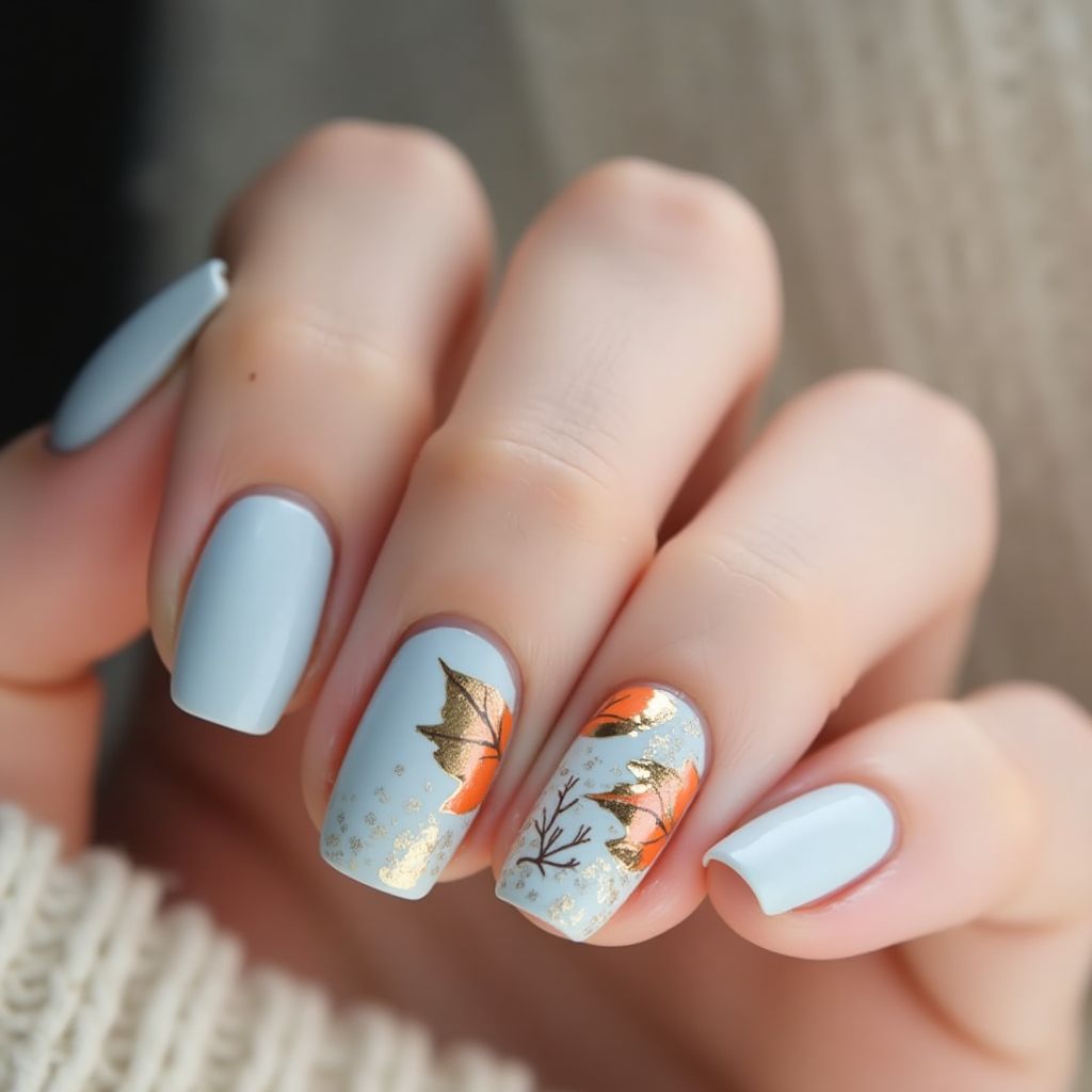Pastel Blue Autumn Nail Design
