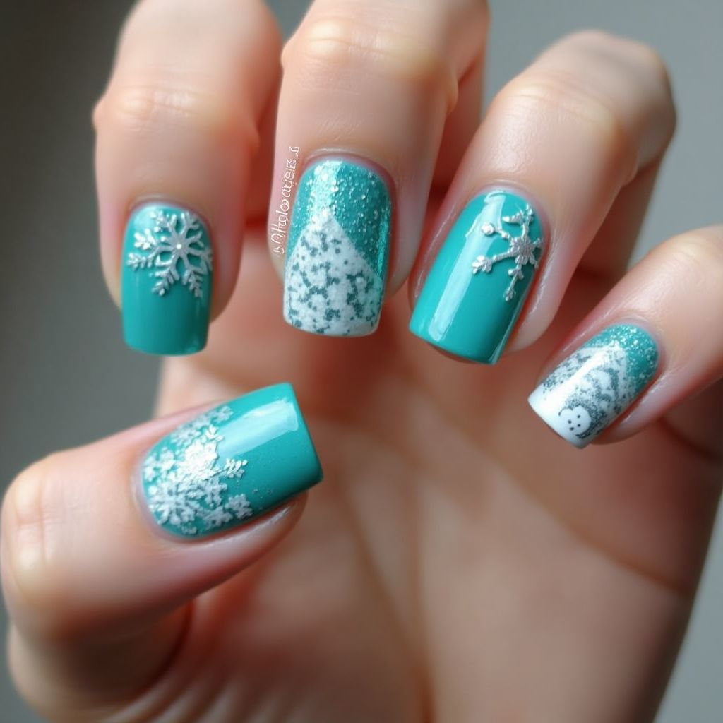 Turquoise Winter Nail Design