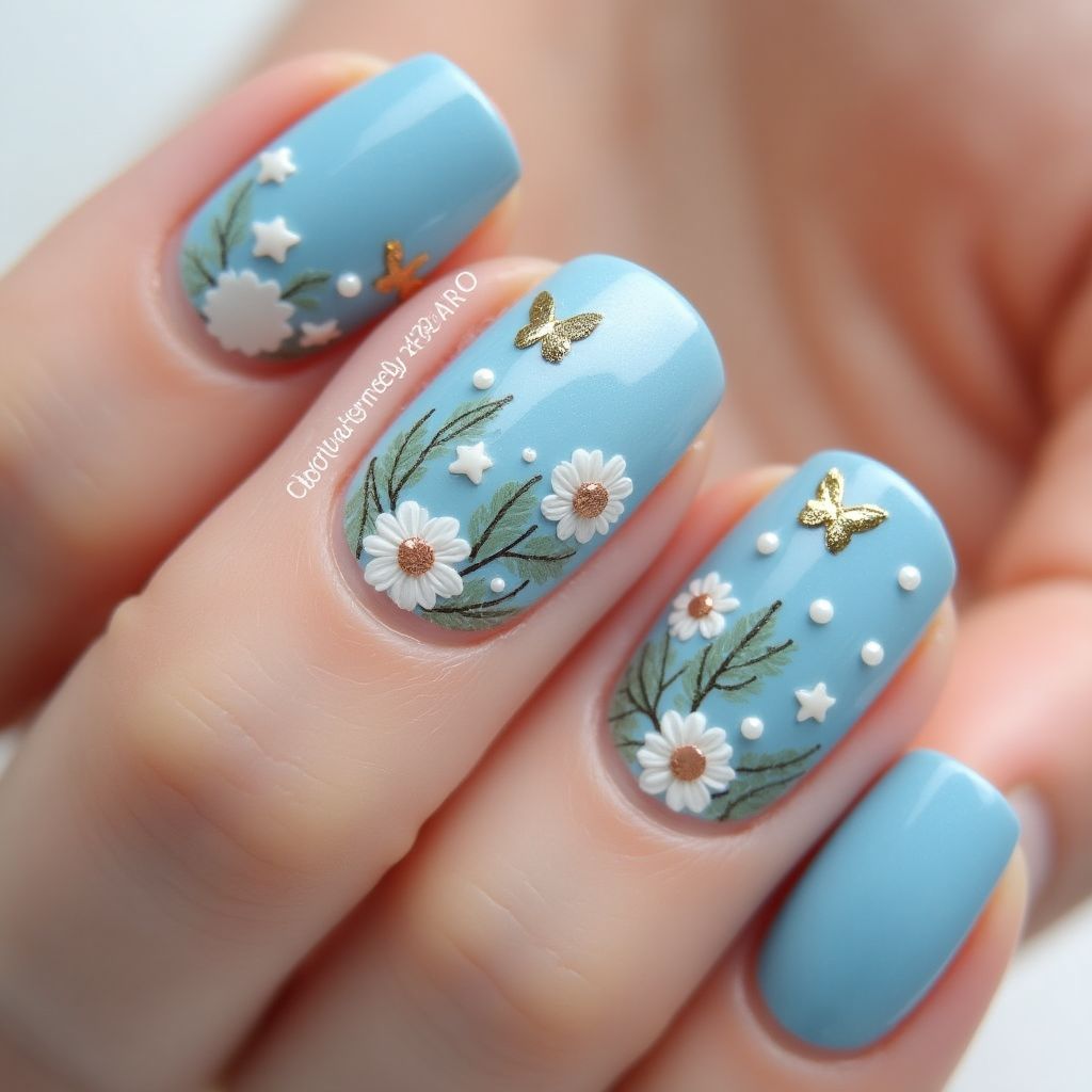 Sky Blue Spring Nail Design
