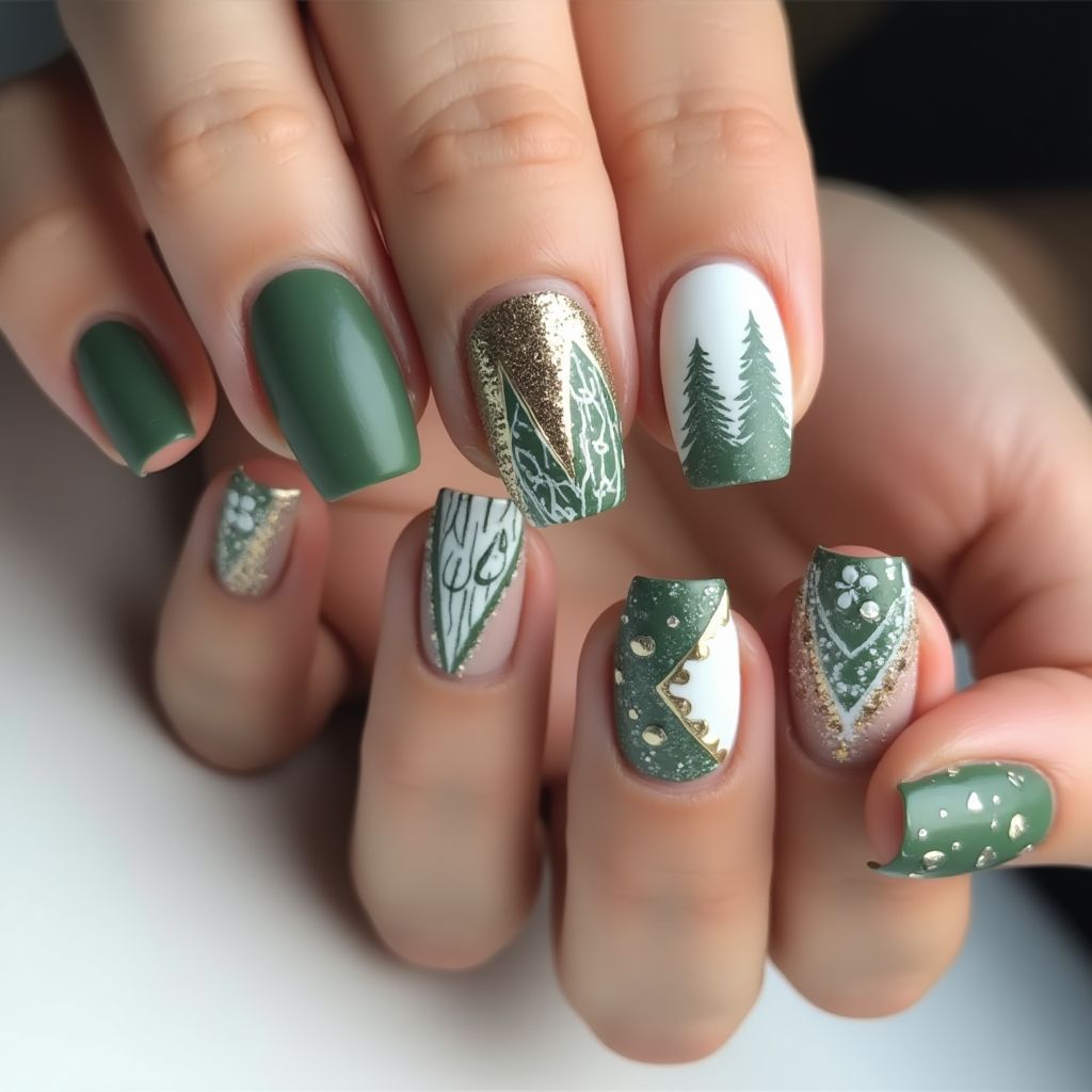 Olive Green Winter Nail Design