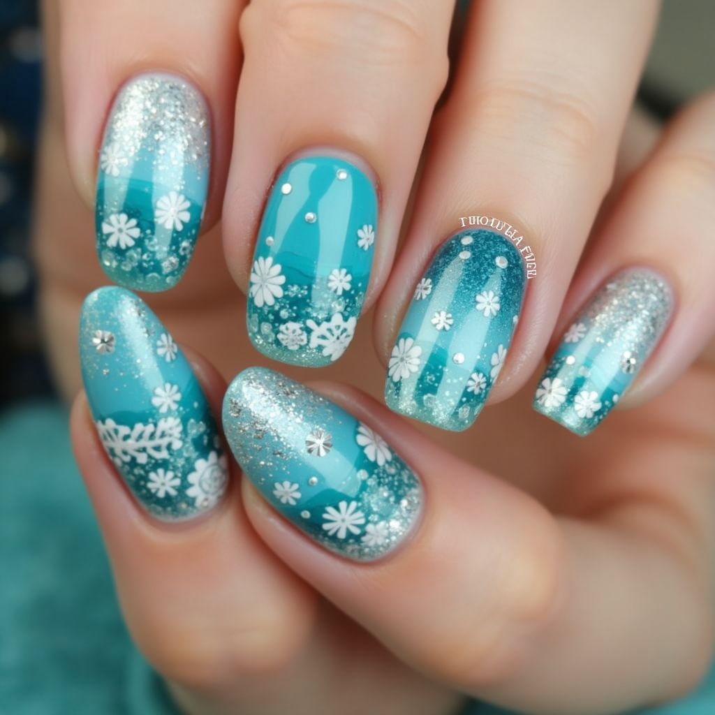 Turquoise Winter Nail Design