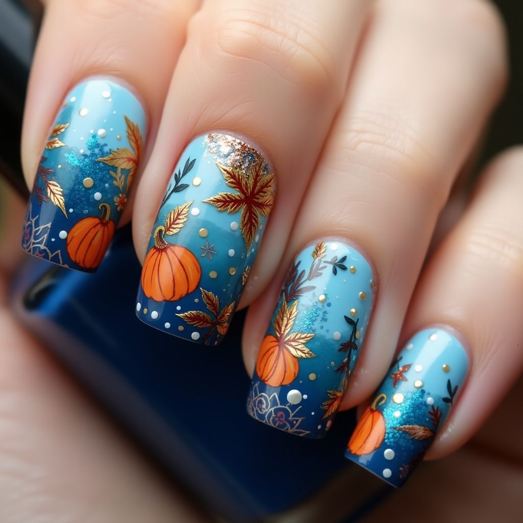 Blue Autumn Nail Design