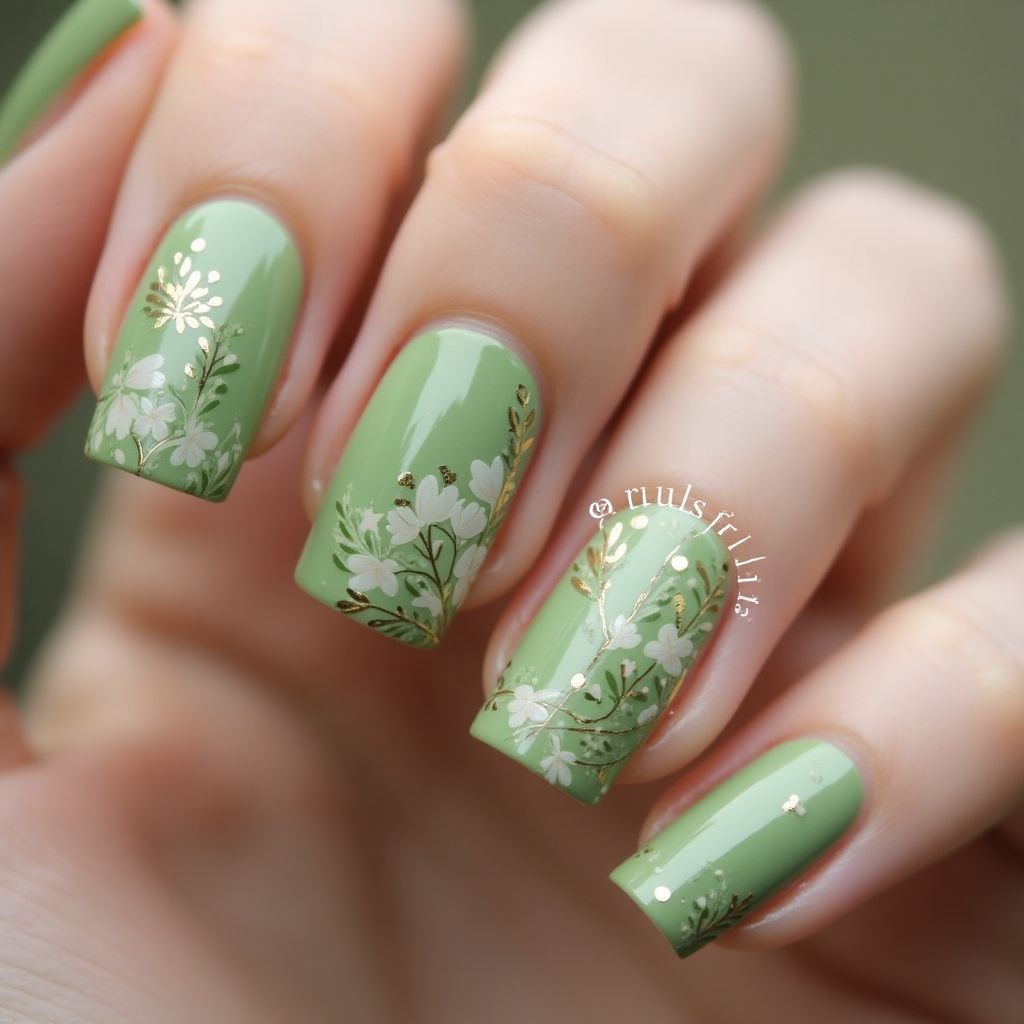 Olive Green Spring Nail Design