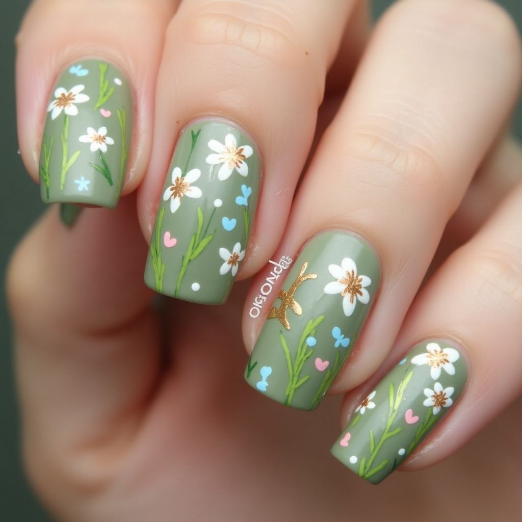 Olive Green Spring Nail Design