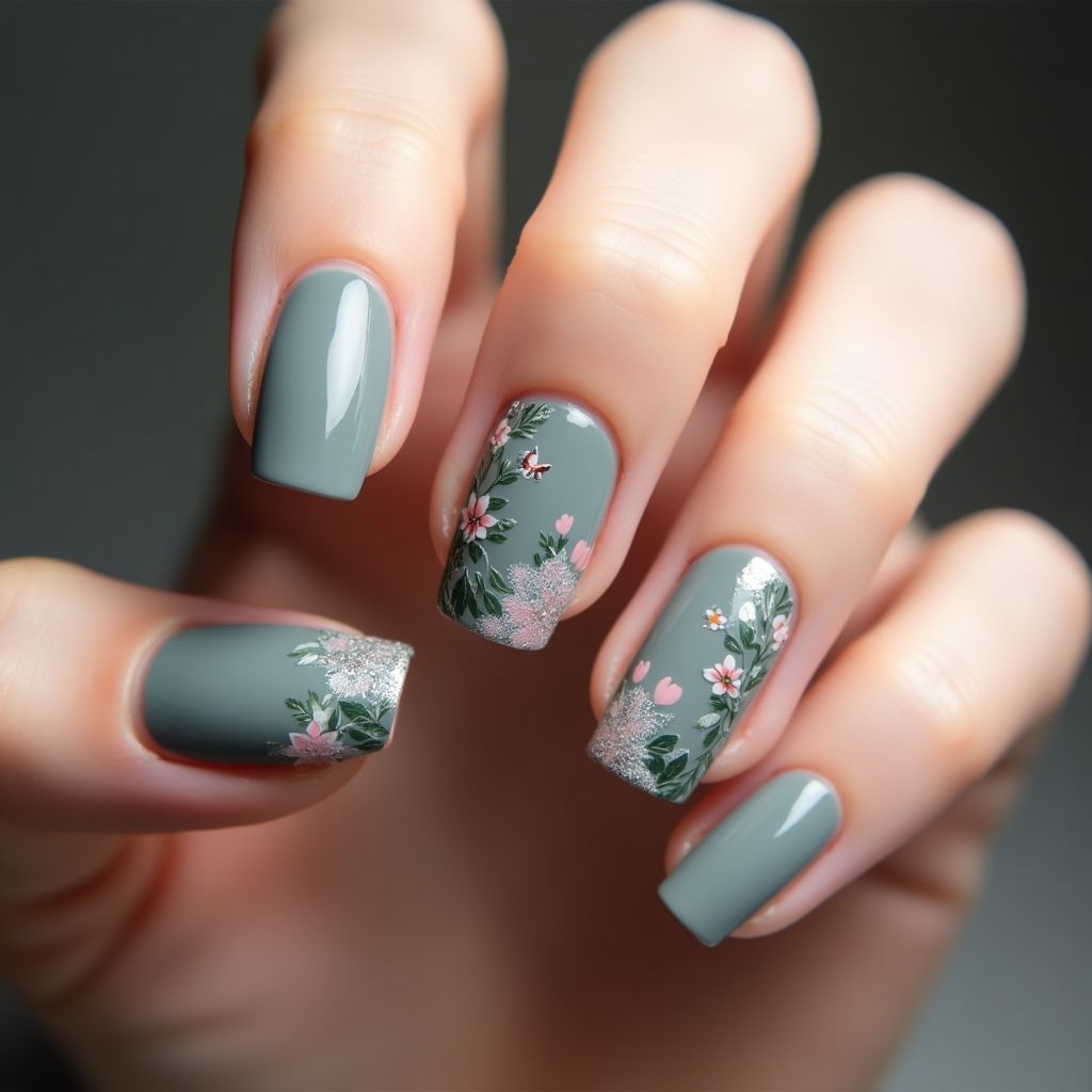 Charcoal Gray Spring Nail Design