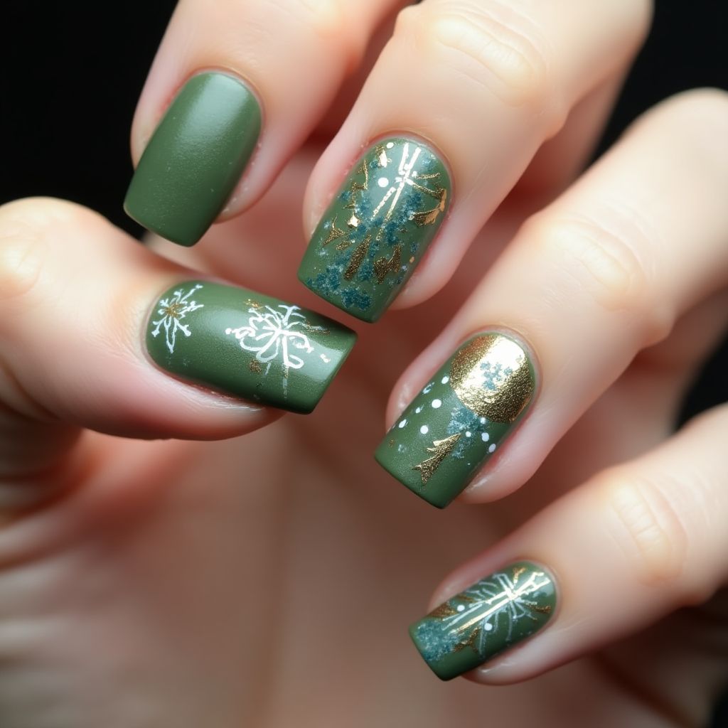 Olive Green Winter Nail Design