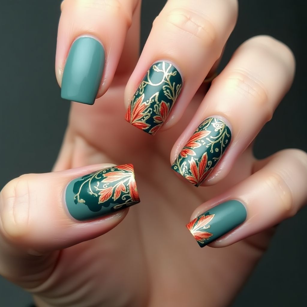 Teal Autumn Nail Design