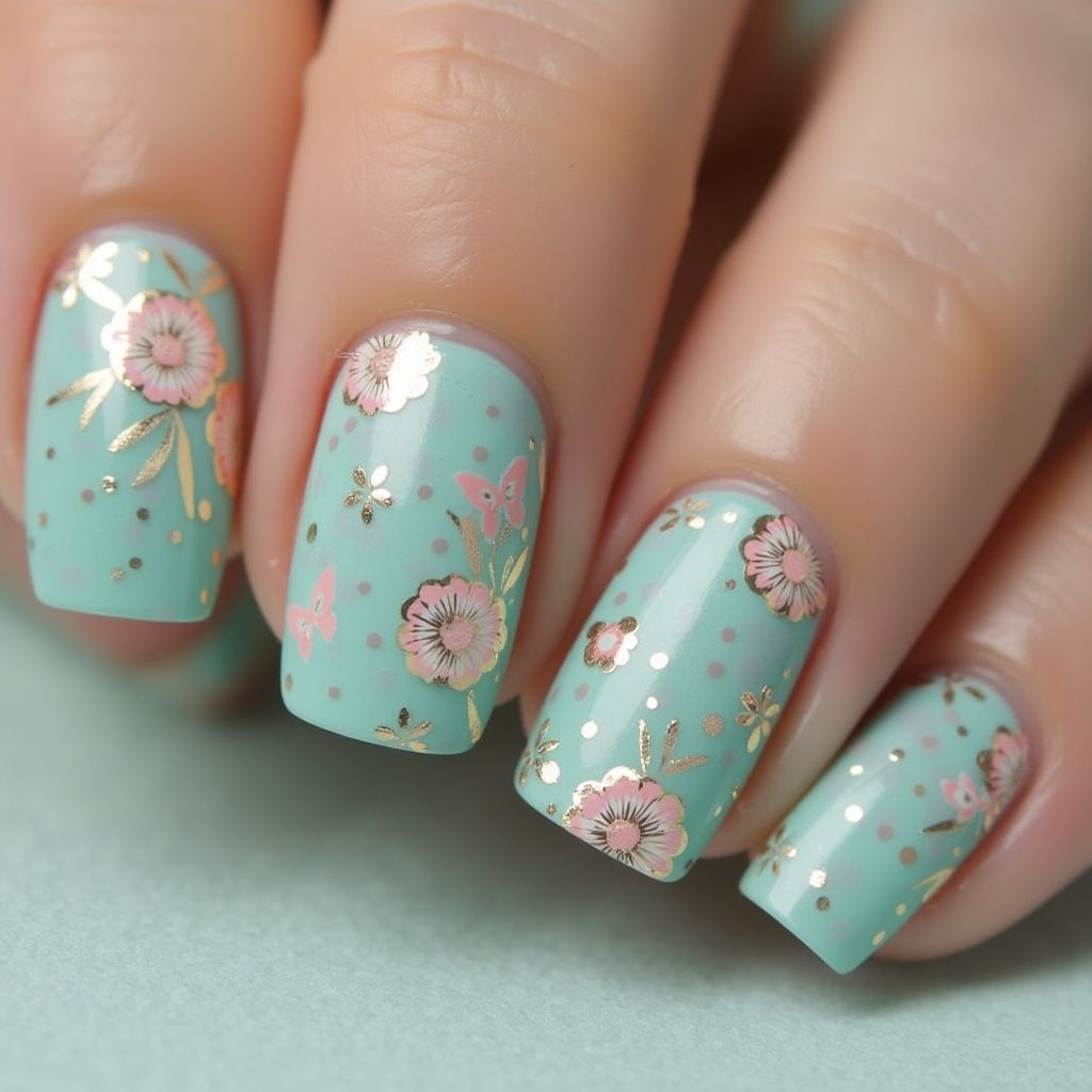 Teal Spring Nail Design