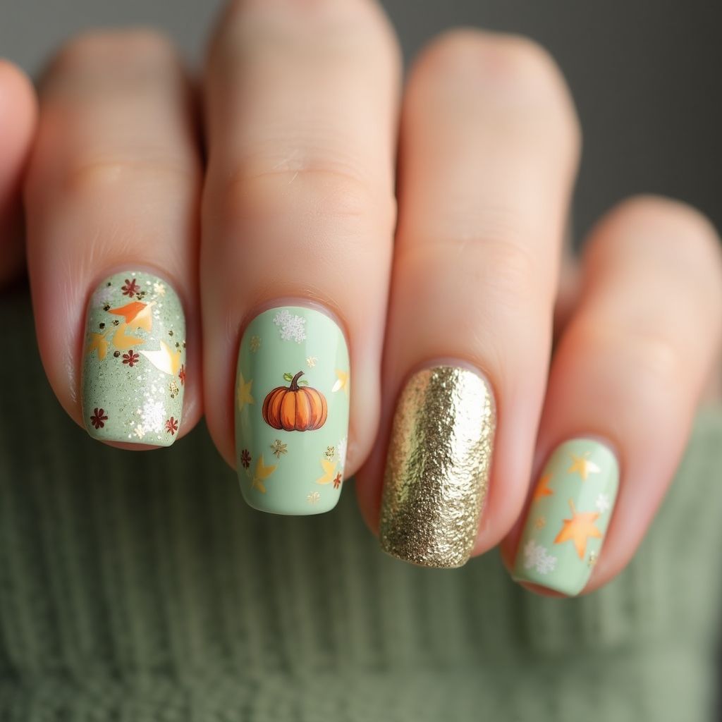Pastel Green Autumn Nail Design