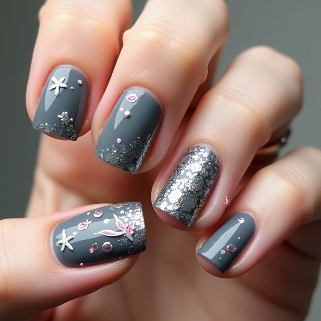 Charcoal Gray Summer Nail Design