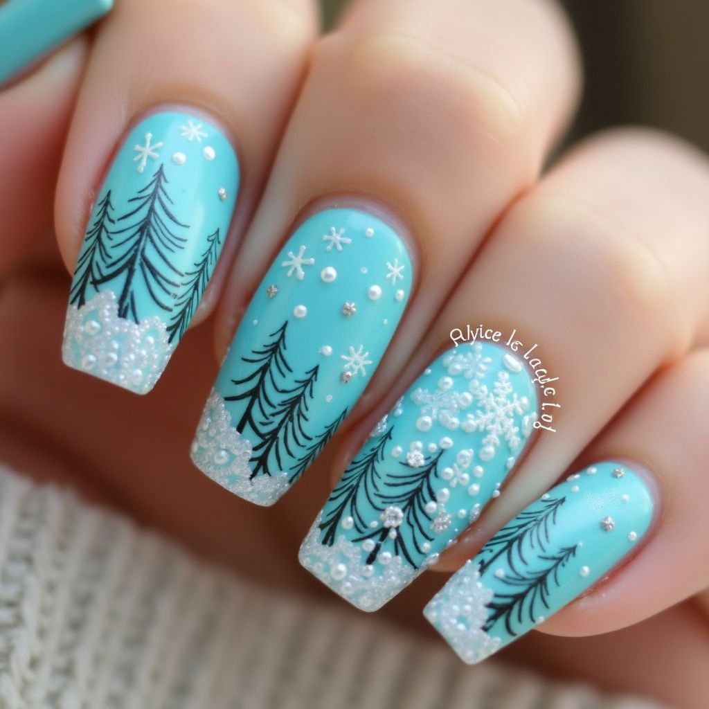 Turquoise Winter Nail Design