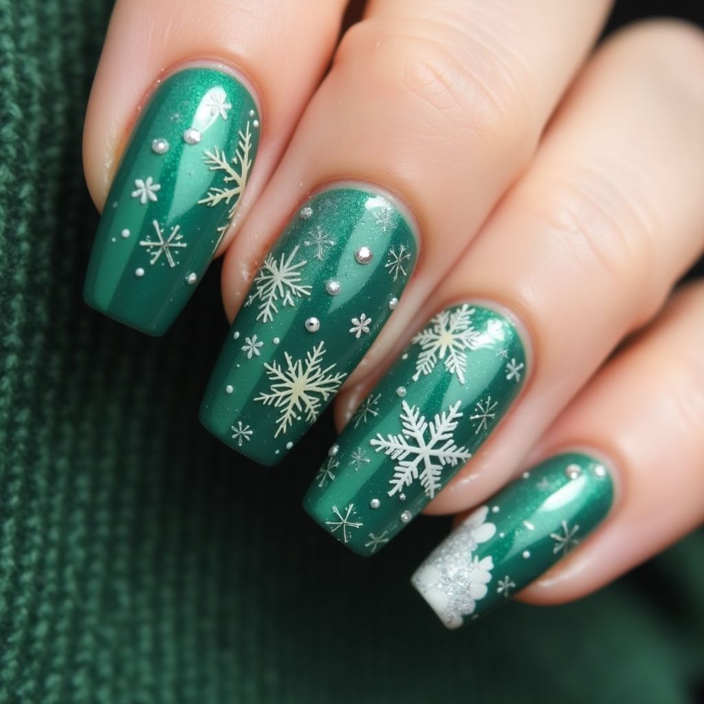 Emerald Green Winter Nail Design