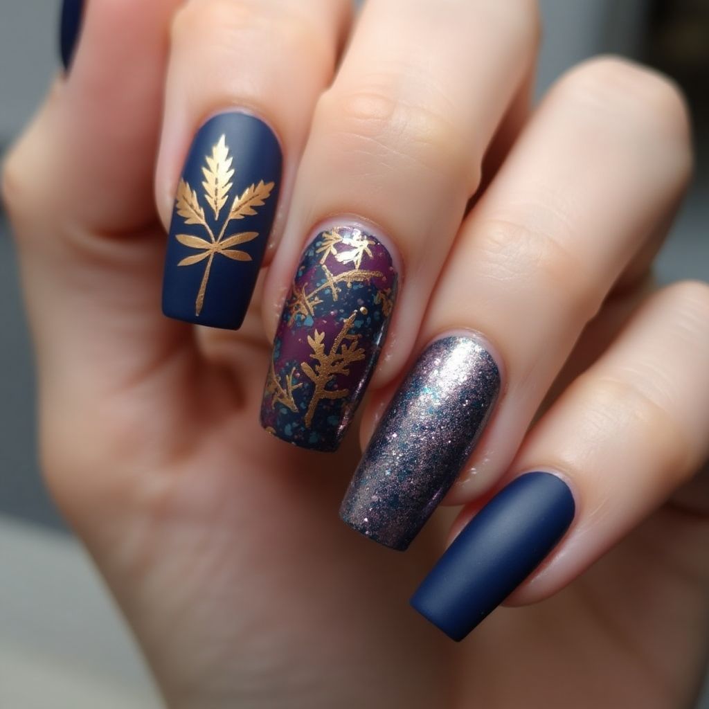 Navy Blue Autumn Nail Design