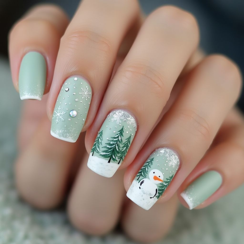 Pastel Green Winter Nail Design
