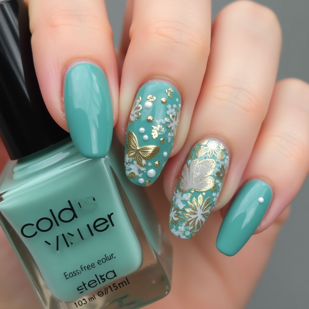 Teal Spring Nail Design