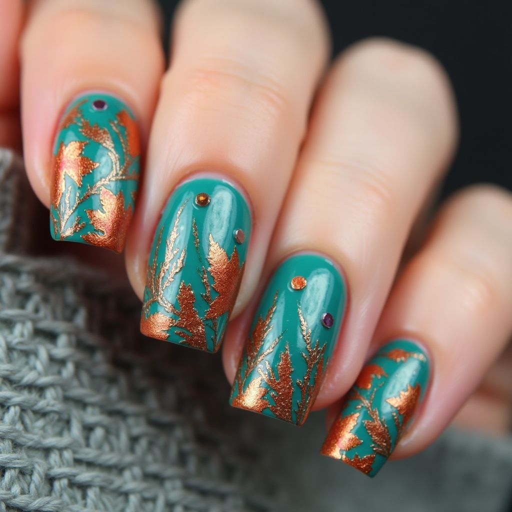 Turquoise Autumn Nail Design