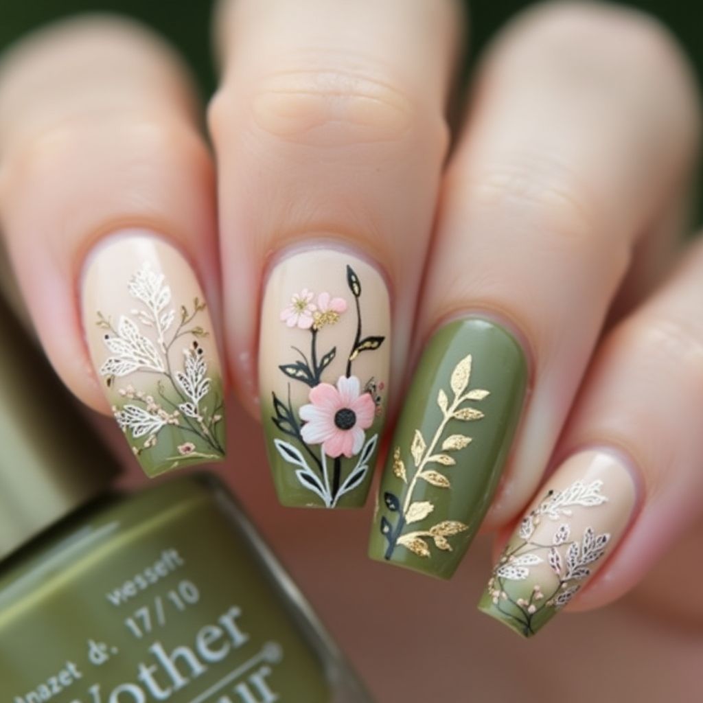 Olive Green Spring Nail Design