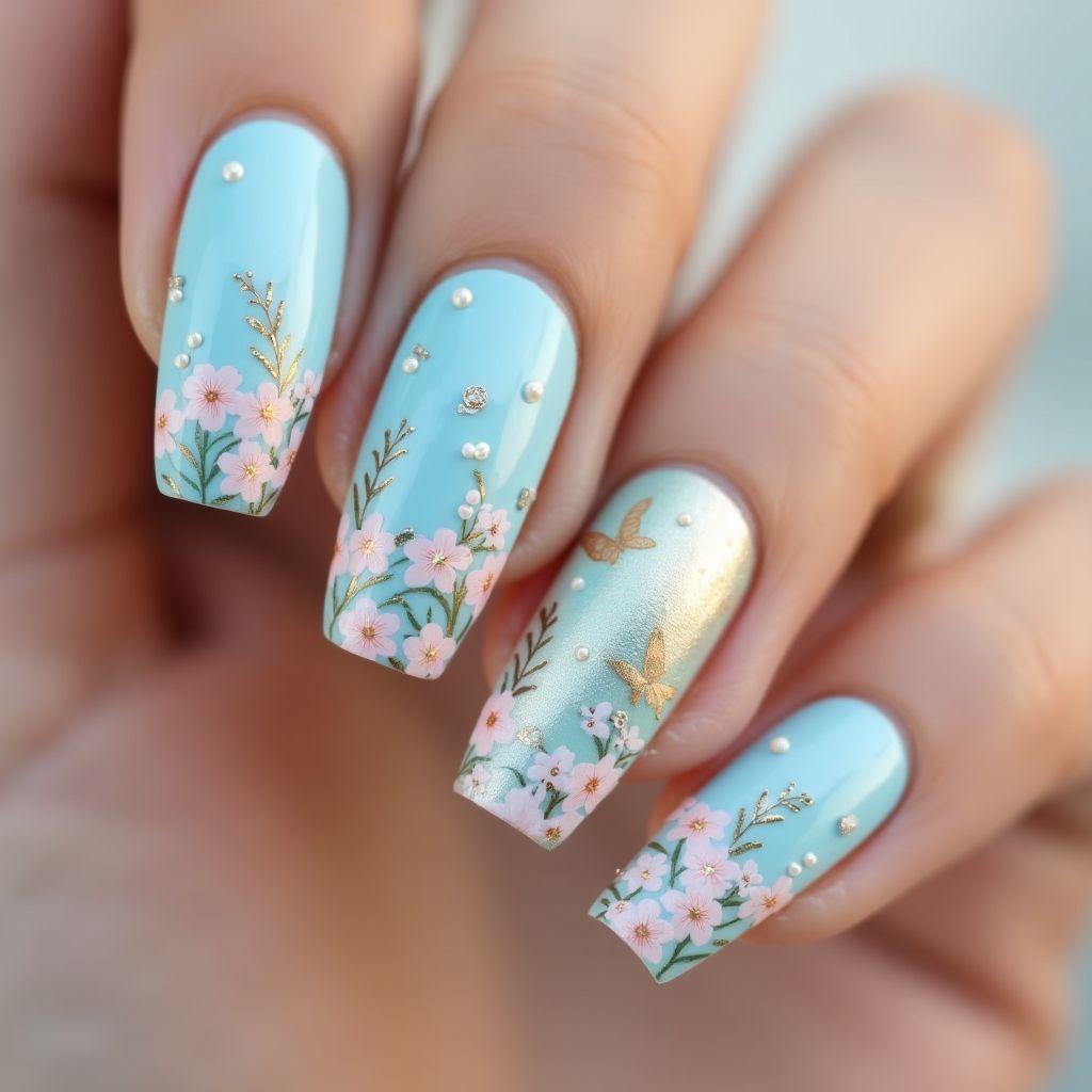 Pastel Blue Spring Nail Design