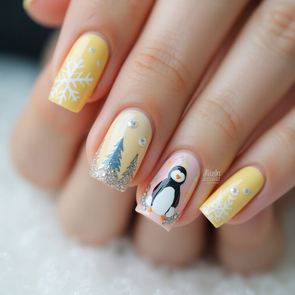 Pastel Yellow Winter Nail Design