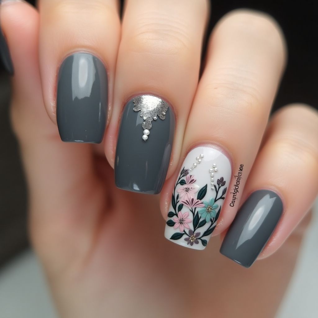 Charcoal Gray Spring Nail Design