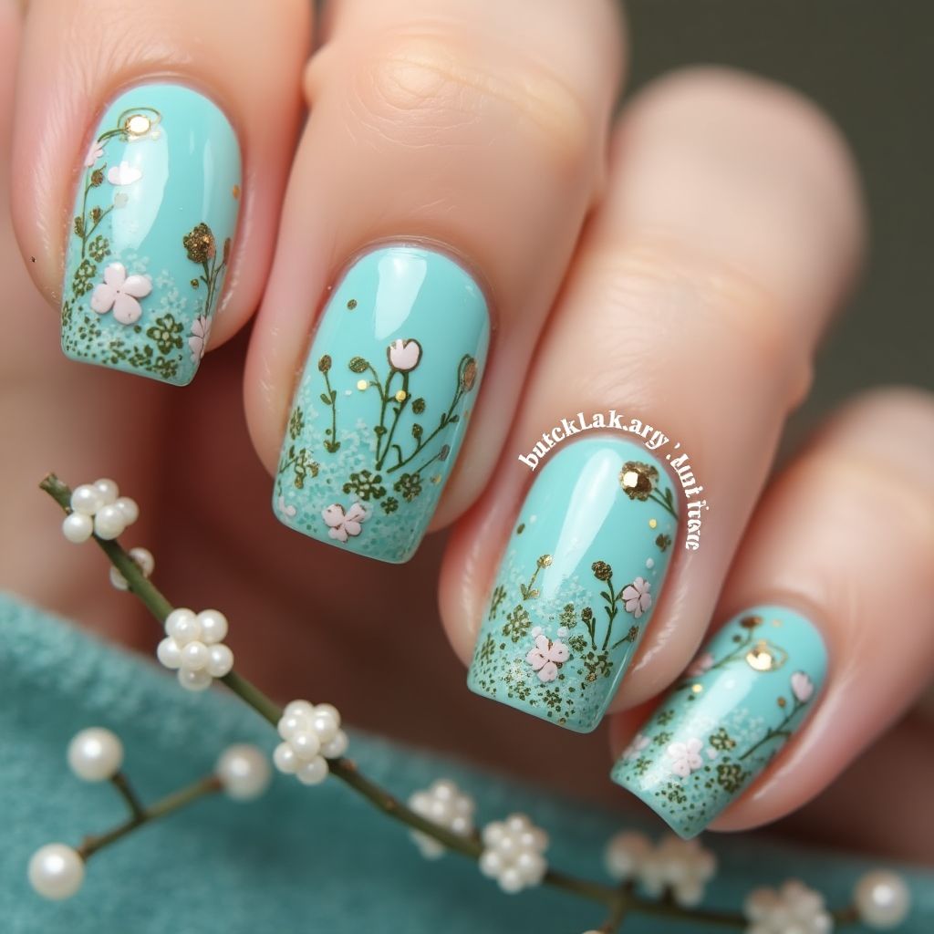 Turquoise Spring Nail Design
