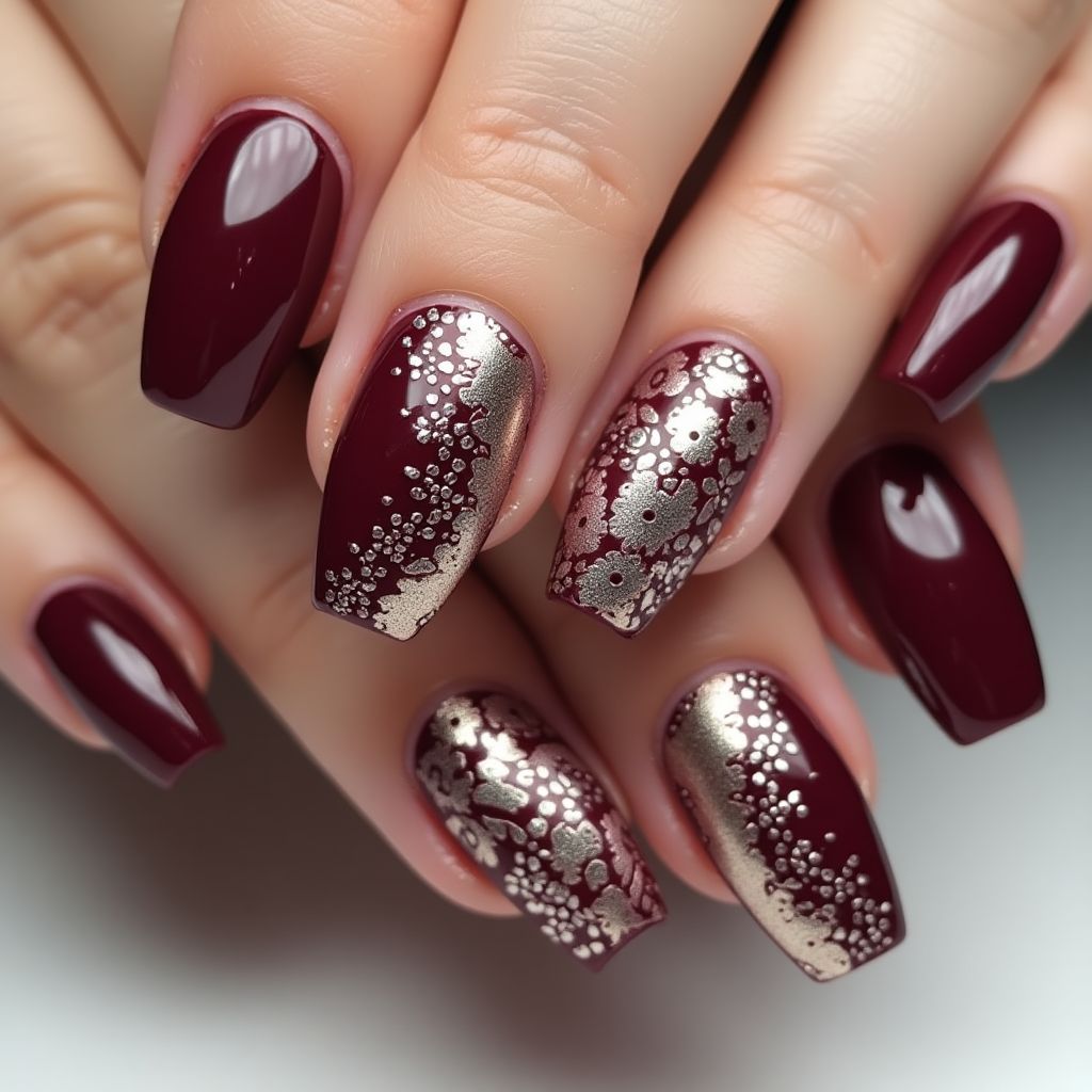 Burgundy Coffin Nail Design